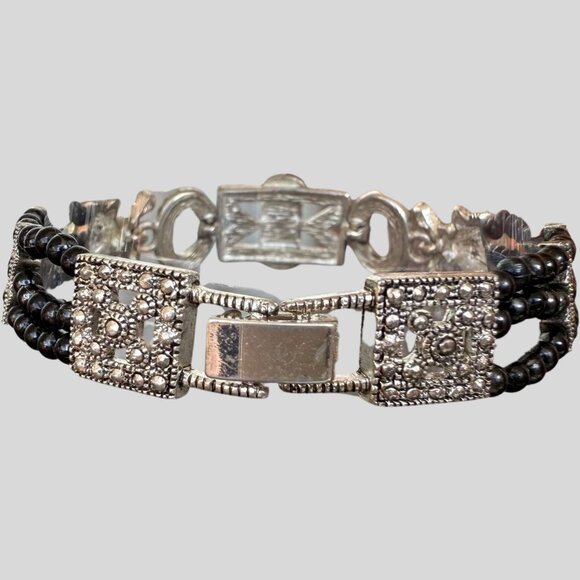 Art Deco Style Beaded Bracelet 7.5in Silver Tone Black Beads Retro - Picture 5 of 10